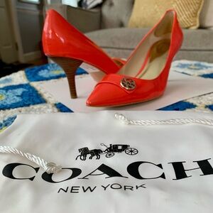 Coach Zelda Bright Coral Patent Leather Pointed Toe Heels